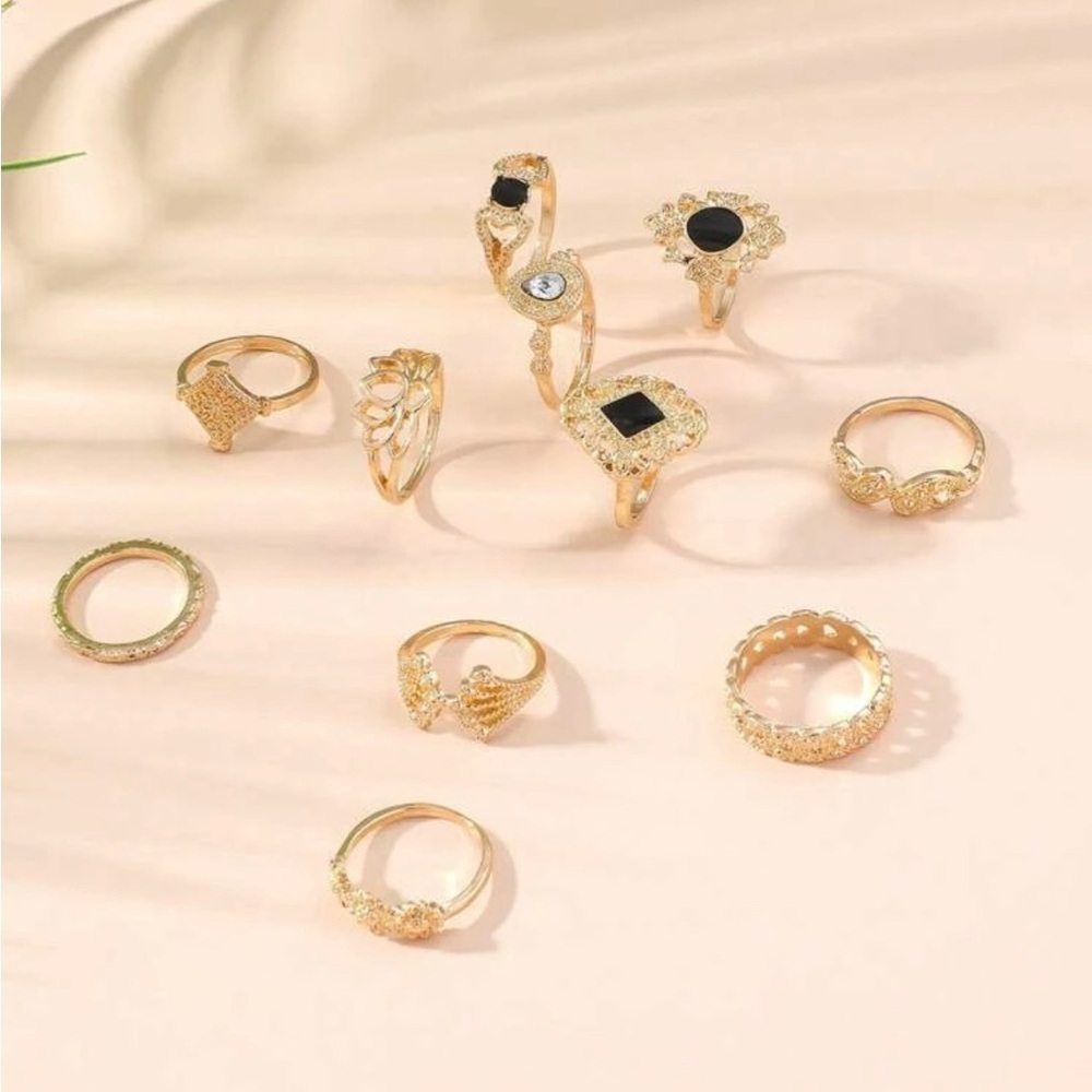 Gold 11pc Rhinestone Geometric Ring Set - Picture 2 of 2